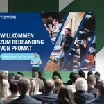 Member of the management board Michael Rolf greeting guests at the NORDWEST show room in Dortmund. 