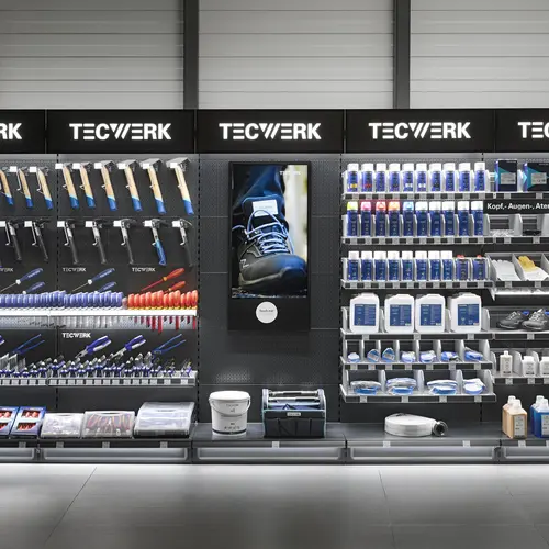 Die TECWERK-POS-Wand im Showroom von NORDWEST 